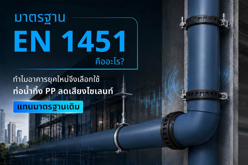 ระบบท่อน้ำทิ้ง PP ลดเสียงมาตรฐาน EN 1451 เปรียบเทียบกับท่อแบบเดิม แสดงการติดตั้งภายในอาคารเพื่อช่วยลดเสียงและเพิ่มประสิทธิภาพของระบบระบายน้ำ